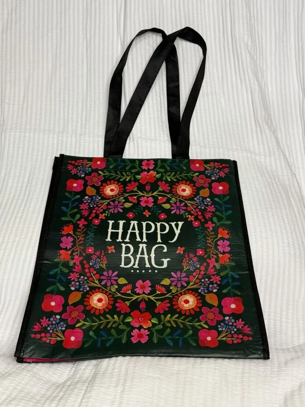 NW/OT Natural Life Reusable Tote Grocery Flower Floral Large Happy Happy Bag